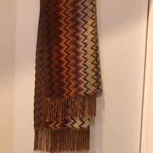 Missoni Orange label, orange brown cream fringed zig zag scarf